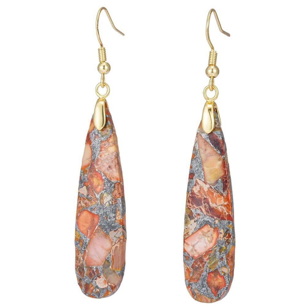 18K Yellow Gold with Natural Imperial Orange Jasper Stone Dangling Hook Earrings